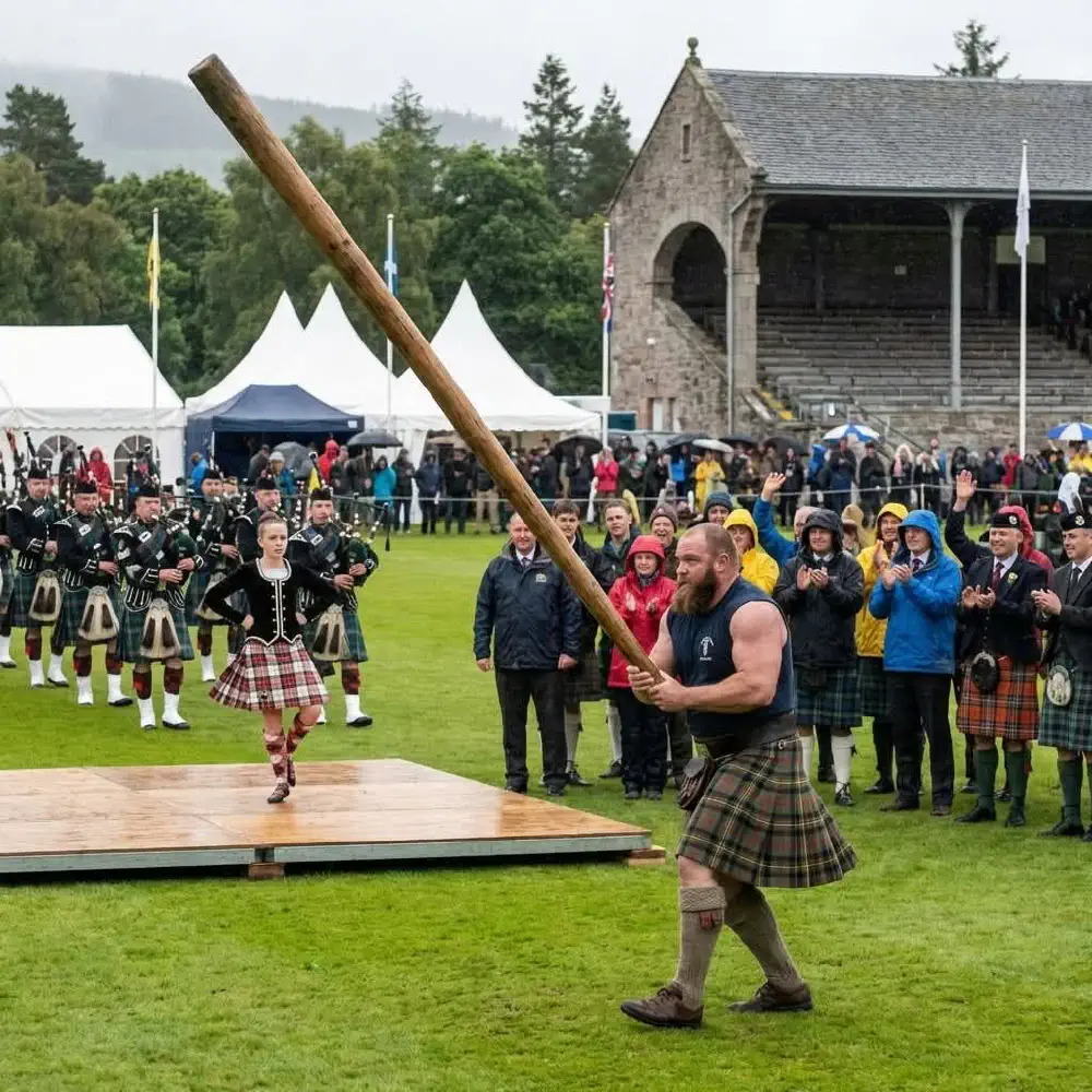 Supplied Highland Games illustration featuring a caber, dancers and pipers