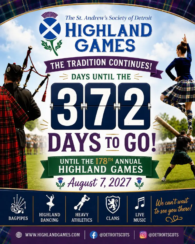 Promotional poster for the 178th Highland Games on August 7, 2027, displaying a fixed 372-day countdown