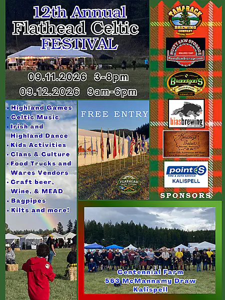 12th Annual Flathead Celtic Festival flyer with September 11–12, 2026 hours and free entry