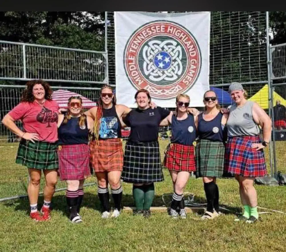 Participants in kilts posing beside a Middle Tennessee Highland Games banner