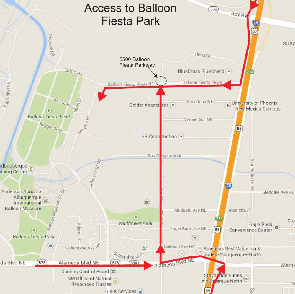 Supplied Balloon Fiesta Park access map showing approaches from Interstate 25 and Alameda Boulevard